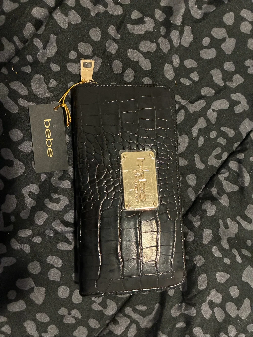 bebe Black Croc-Embossed Zip Wallet with Gold Plate